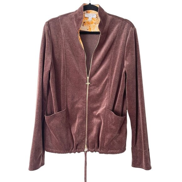 St. John Sport Size M Brown Velour Zip-Up Jacket Sweater Drawstring Hem - Picture 10 of 10